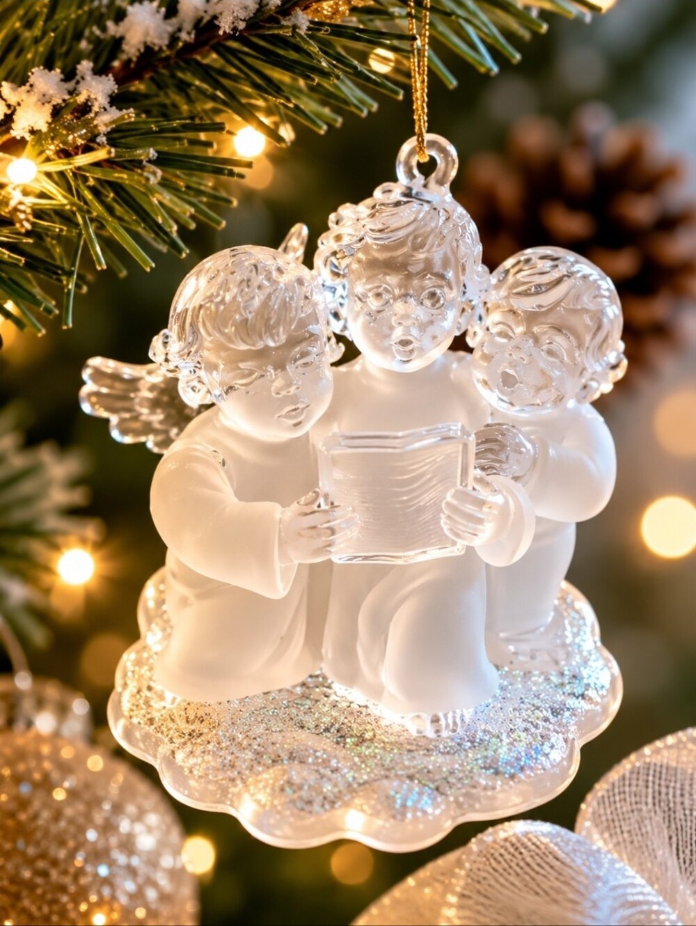 Vintage Frosted Acrylic Cherub Carolers Christmas Tree Ornament Angel Choir